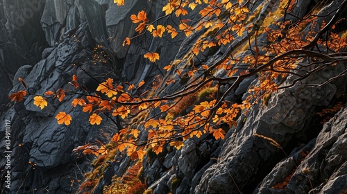 The light and shadow on autumn leaves and rocky crags create a vivid, breathtaking mountain tapestry.
