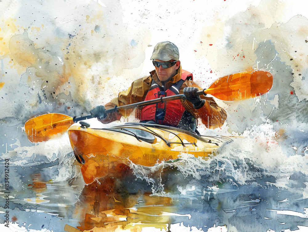 Fototapeta premium Man kayaking in rough waters, splashes around, wearing life jacket, watercolor painting style, dynamic scene.