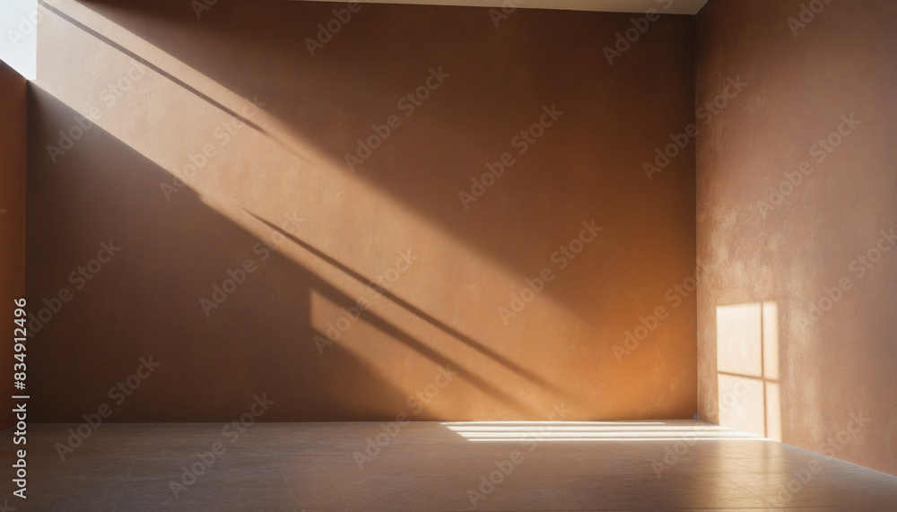 Fototapeta premium Abstract brown wall with sunlight casting shadows, creating a textured and diagonal composition