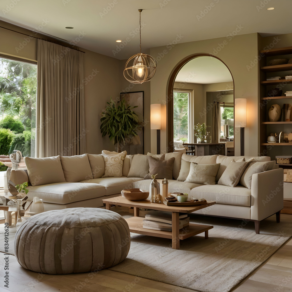 Fototapeta premium A living room bathed in warmth and serenity. The centerpiece is a beige sofa, adorned with plush cushions and throws in a palette of complementary neutrals