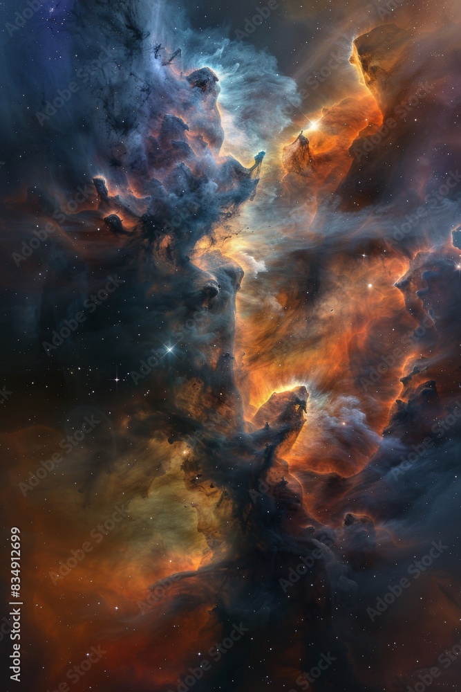 A stunning nebula with a mix of dark and bright regions. The swirling clouds of gas and dust in shades of blue and orange are illuminated by starlight, creating a dynamic cosmic scene. A stunning nebula with a mix of dark and bright regions. The swirling clouds of gas and dust in shades of blue and orange are illuminated by starlight, creating a dynamic cosmic scene.