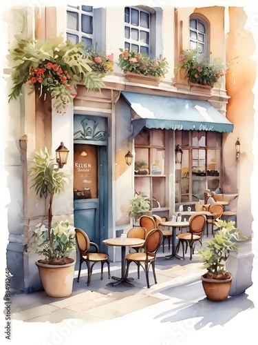 Watercolor Cafe Shop Illustration Art © PikGrand
