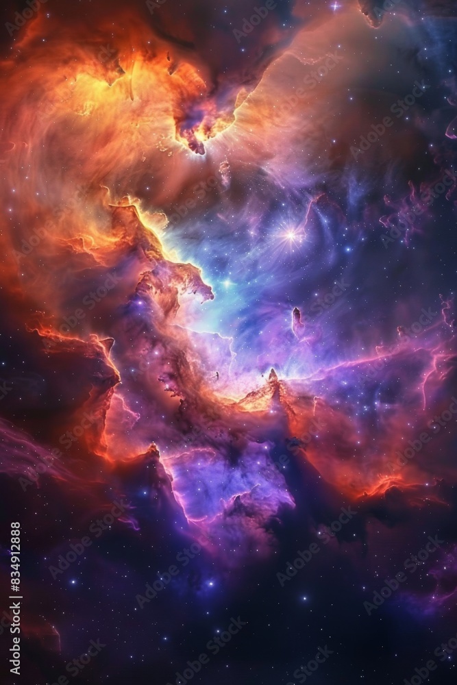 Obraz premium A mesmerizing nebula with vibrant colors of orange, blue, and purple. The swirling clouds of gas and dust are illuminated by starlight, creating a dynamic and captivating cosmic scene.