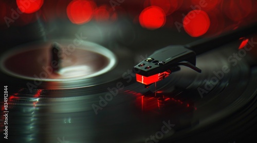 Classic Vinyl Record Player with Red Bokeh Lights - Nostalgia in Music photo