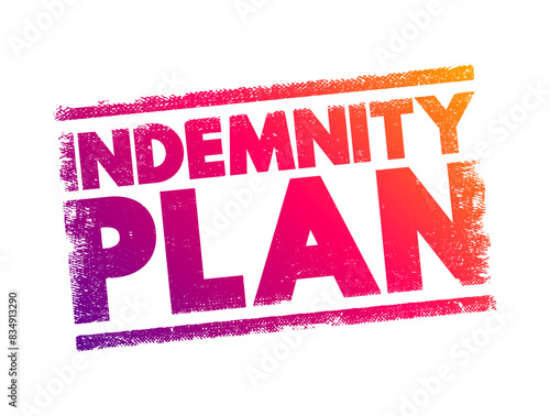Indemnity plan - insurance company pays a pre-determined percentage of customary charges for a given service, and the insured pays the rest, text concept stamp