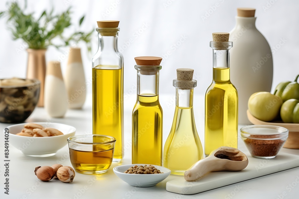 Group of bottles of oil and olives on a background Group of bottles of oil and olives on a background