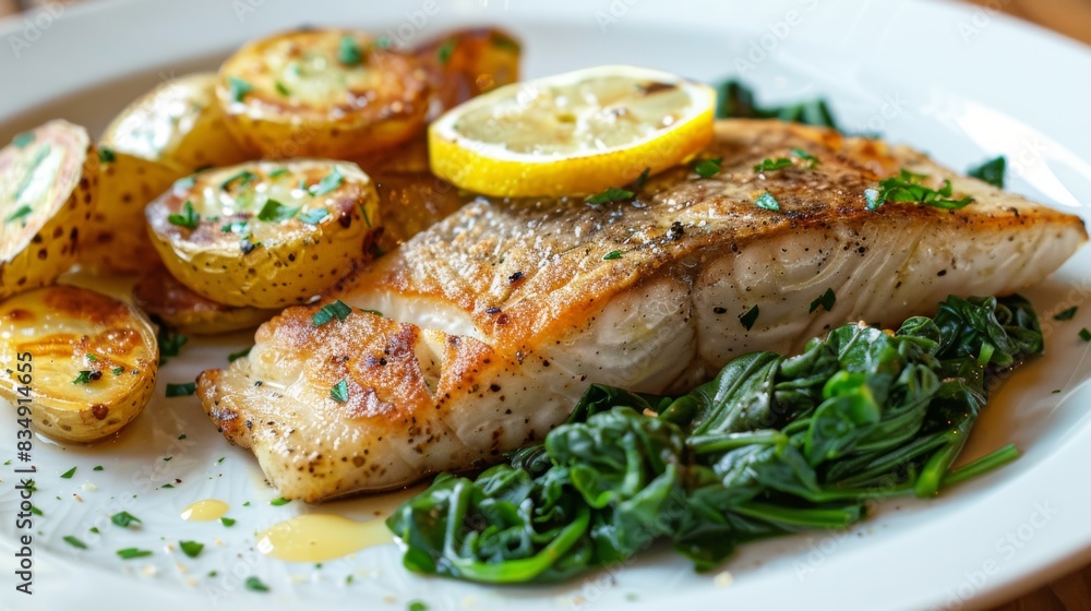 A mouthwatering fish steak accompanied by roasted fingerling potatoes on a classic white plate, served with a slice of lemon, in a cozy kitchen setting. A mouthwatering fish steak accompanied by roasted fingerling potatoes on a classic white plate, served with a slice of lemon, in a cozy kitchen setting.