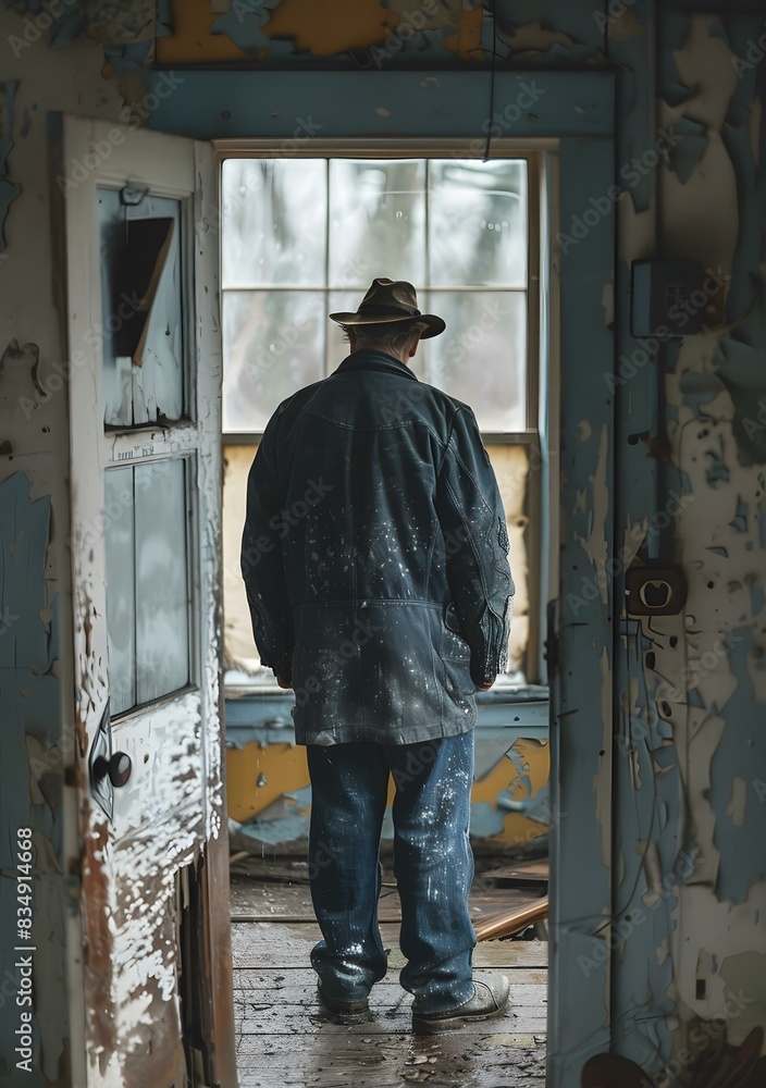 An old man standing in a ruined house An old man standing in a ruined house