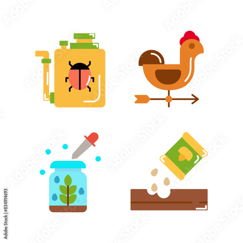 set of Farming icons style flat Illustration with Pesticide, Weather Vane, Botanist and Seed. isolated white background. 