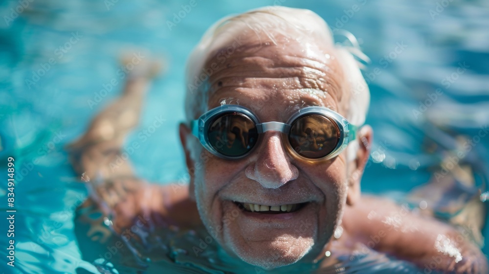 Naklejka premium Portrait of a smiling senior male in water in pool