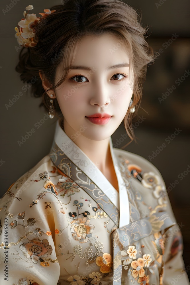 Portrait of a young woman in traditional Korean dress, or Hanbok Portrait of a young woman in traditional Korean dress, or Hanbok