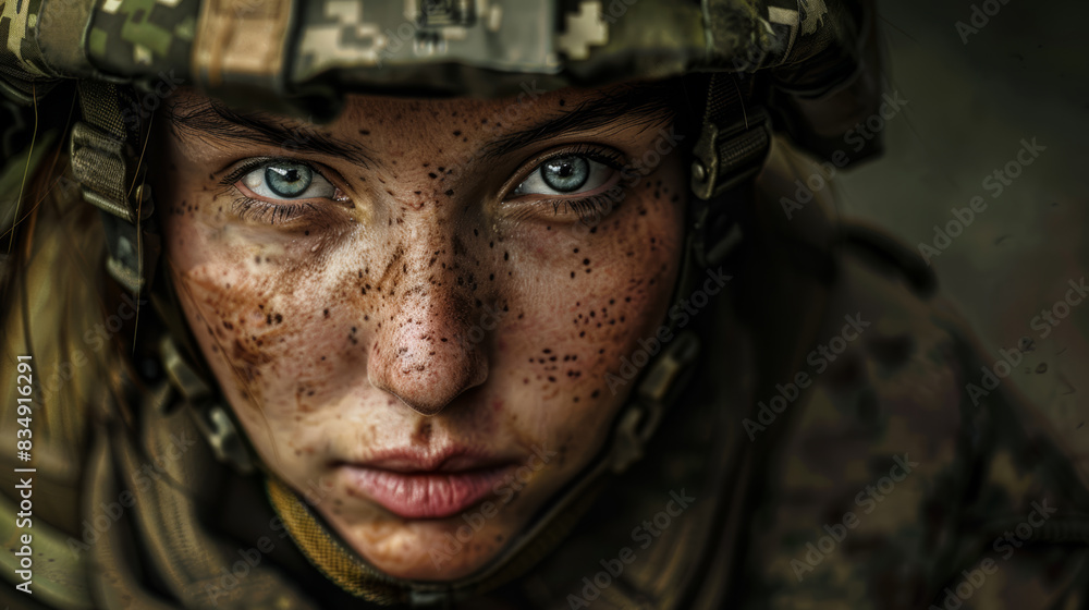 Female soldier face portrait, close up. War concept. Female soldier face portrait, close up. War concept.