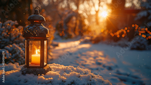 Christmas candle Lantern in winter garden snowy © John