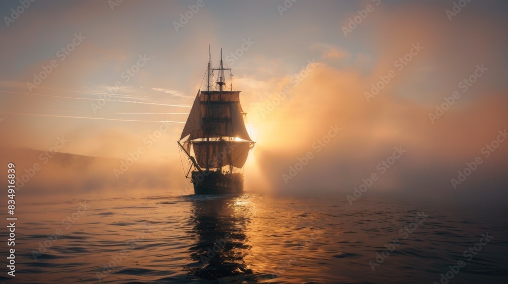 Fototapeta premium Sailing ship in sea water at sunset.