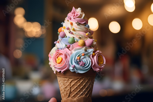 easter egg ice cream cone, fun and ice cream filled cone decorated with easter egg design. generative ai