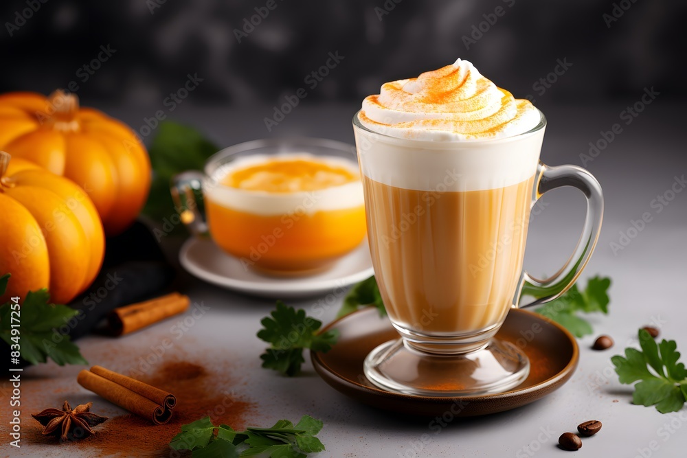 Spicy pumpkin latte in a glass mug topped with whipped cream and cinnamon. Seasonal drink photo Spicy pumpkin latte in a glass mug topped with whipped cream and cinnamon. Seasonal drink photo