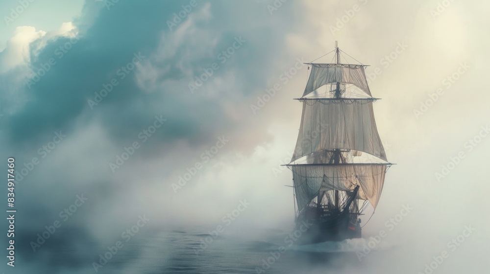 Sailing ship in sea water in heavy fog. Sailing ship in sea water in heavy fog.