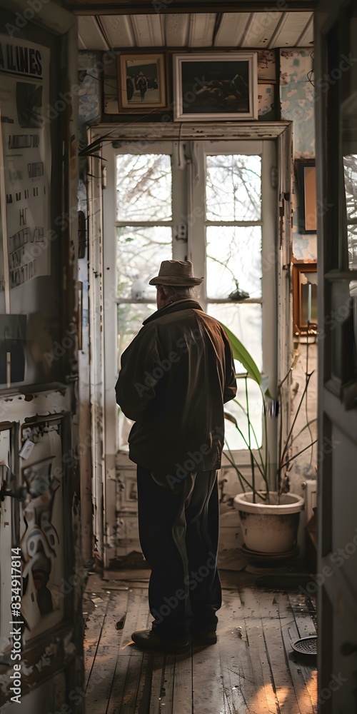 An old man is standing in a room with a plant by the window An old man is standing in a room with a plant by the window