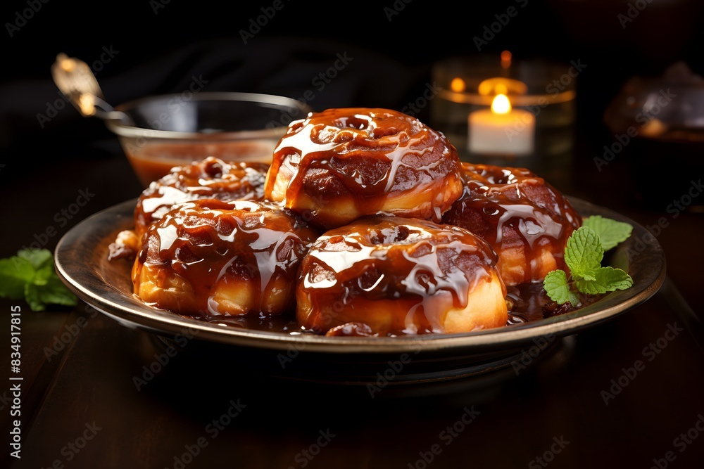 Plate of fresh cinnamon buns with caramel. Sweet homemade pastry. Close-up food on dark background