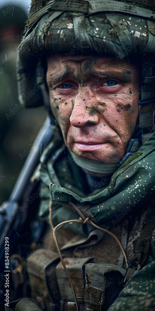 Fototapeta premium Portrait of a soldier in the rain