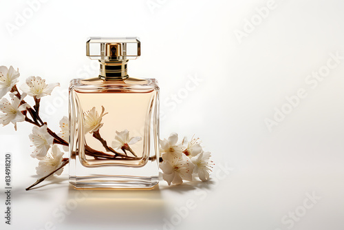 A bottle of perfume and white flowers near it. Glass perfume bottle on white background. Horizontal marketing banner with perfume on the left side and blank space on the right