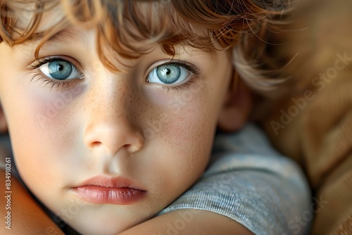 Portrait of a boy with freckles and blue eyes