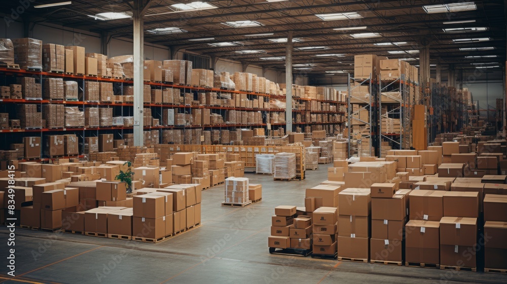 Modern Logistics Center With Industrial Racking And Boxes In A Warehouse Setting. Generative AI Modern Logistics Center With Industrial Racking And Boxes In A Warehouse Setting. Generative AI