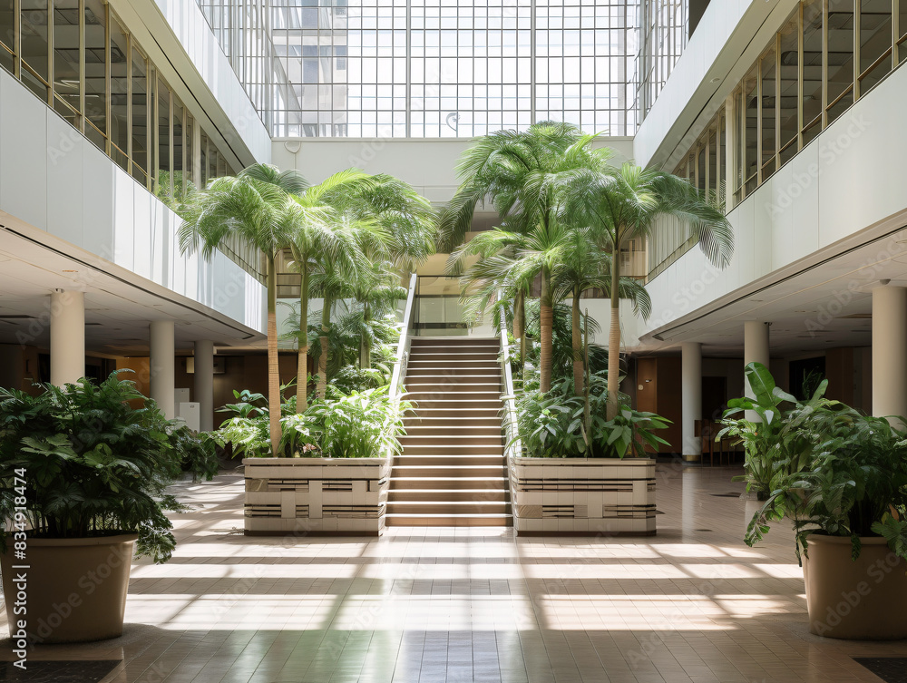 a staircase inside a building with trees and stairs a staircase inside a building with trees and stairs