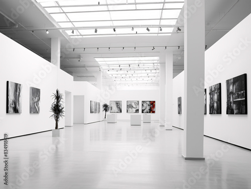 a large white room with art on the walls