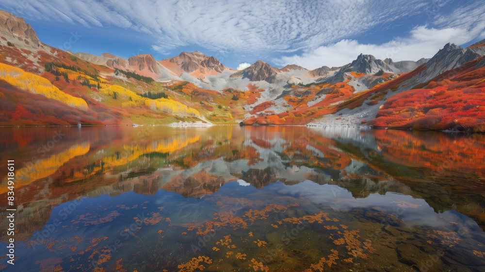 Lakes reflect fiery autumn colors of surrounding mountains, mirroring vibrant seasonal beauty.