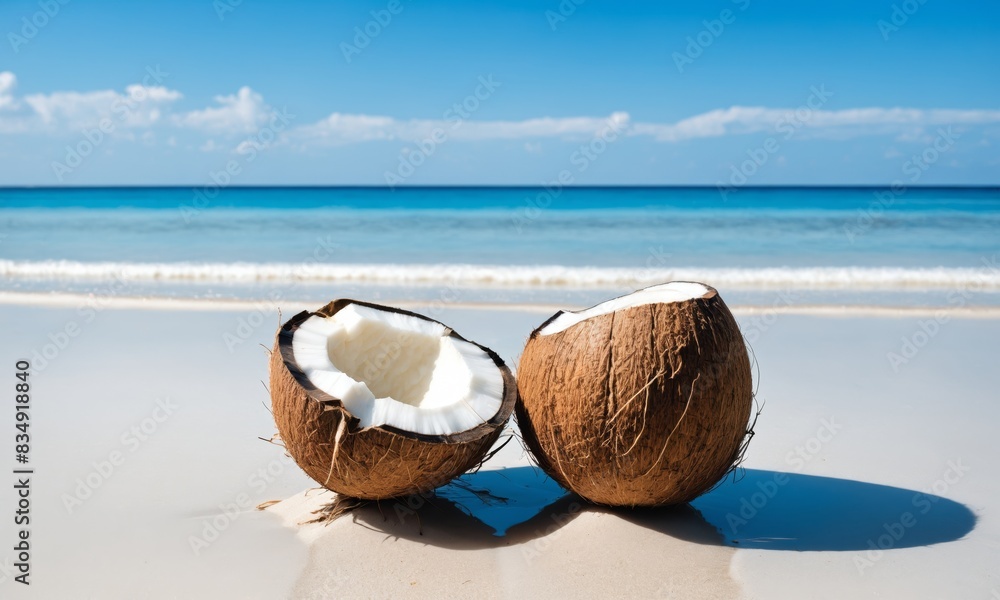 Two halved coconuts lay on a sandy beach with blue ocean in background Two halved coconuts lay on a sandy beach with blue ocean in background
