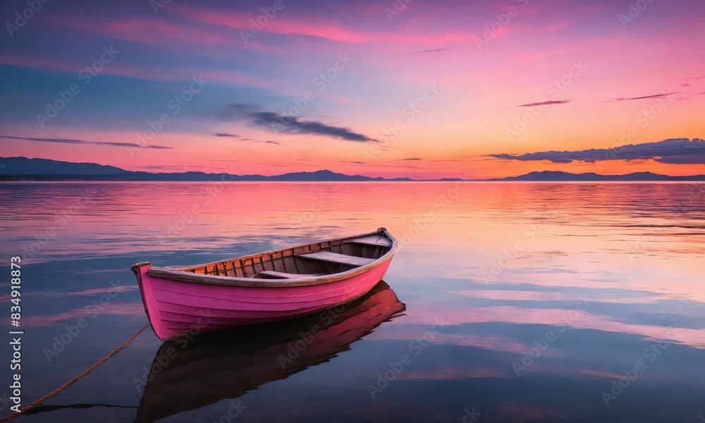 Pink boat floating on calm water with mountains in the distance Pink boat floating on calm water with mountains in the distance