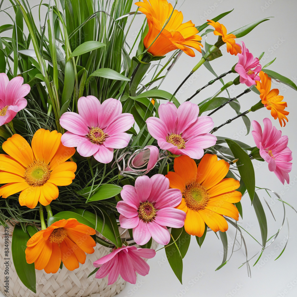 Obraz premium Wicker wire basket overflowing with vibrant metal blooms, a stunning floral arrangement perfect for any season