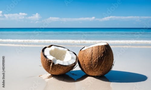 Wallpaper Mural Two halved coconuts lay on a sandy beach with blue ocean in background Torontodigital.ca