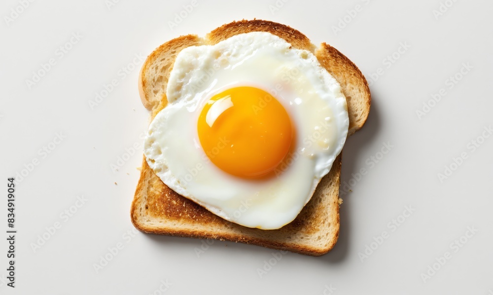 Top view of fried egg on toast on white background
