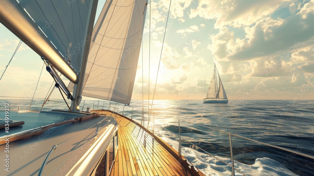 Fototapeta premium Deck view from a sailing ship with beautiful seascape.