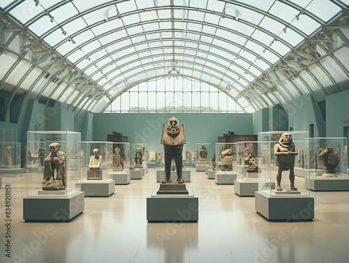 a group of statues in a museum with The Core Shopping Centre in the background