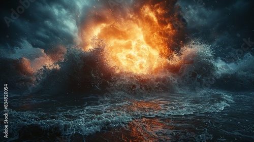 A large wave is crashing into a fiery explosion in the ocean