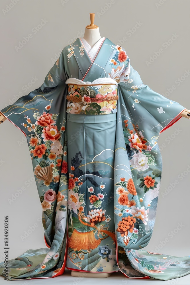 A woman wearing a kimono with a floral pattern A woman wearing a kimono with a floral pattern