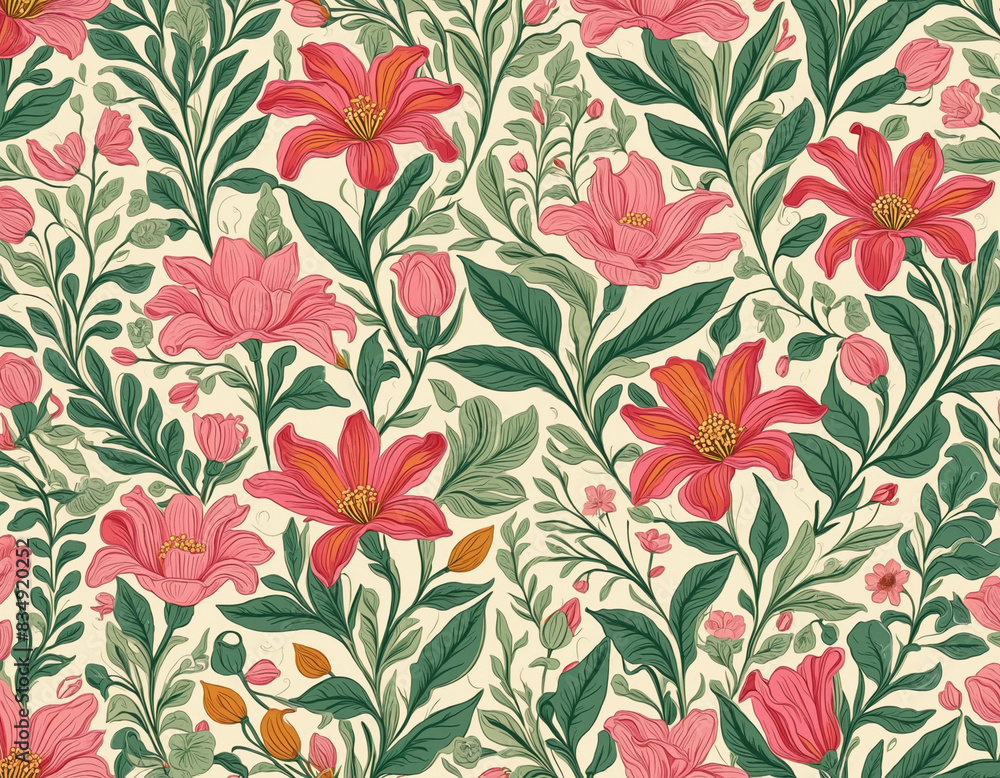 Floral delight: a seamless pattern of nature-inspired flowers and leaves in a colorful and modern design Floral delight: a seamless pattern of nature-inspired flowers and leaves in a colorful and modern design