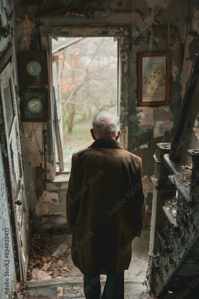 An old man standing in a ruined house An old man standing in a ruined house