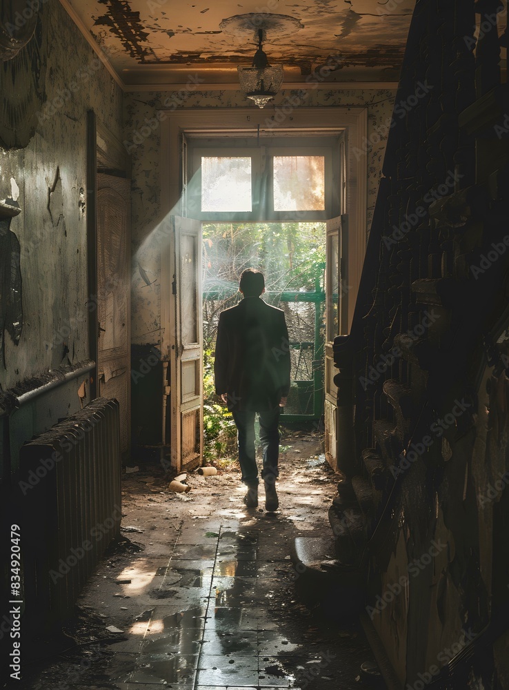 Man walking into the light from a doorway Man walking into the light from a doorway