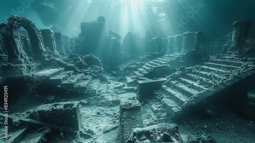 A deep blue ocean with a sunken ship and a staircase
