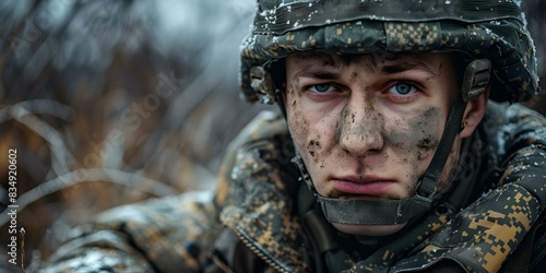Portrait of a soldier wearing a helmet and camouflage
