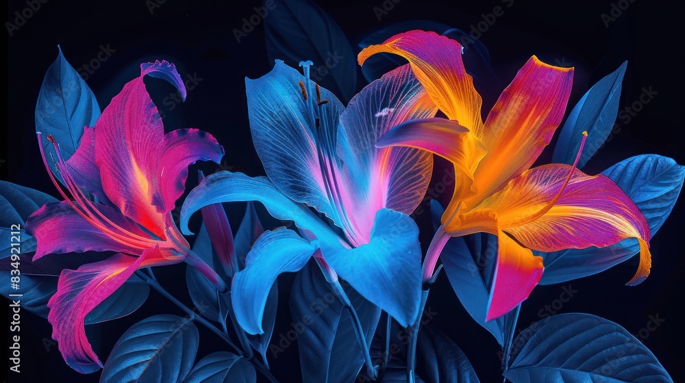 Flowers neon blue and red silhouettes on black background, blooming plants in style of heat map, AI generated image Flowers neon blue and red silhouettes on black background, blooming plants in style of heat map, AI generated image