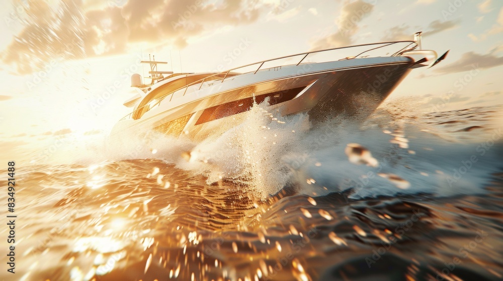 Fototapeta premium Luxury yacht moving fast in sea water at sunset with colorful sky.