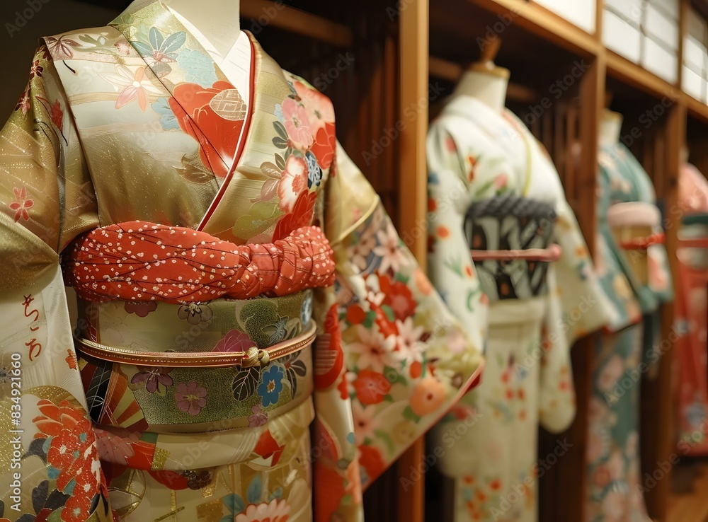 Naklejka premium A kimono with a floral pattern and a red obi sash