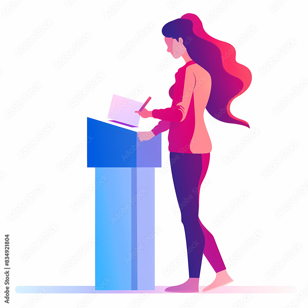 Minimalist flat design of a woman casting her vote, represented with blue and red accents Minimalist flat design of a woman casting her vote, represented with blue and red accents