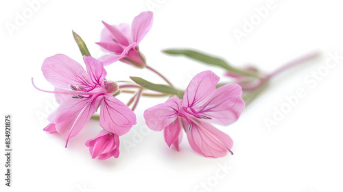 a micro closeup of a single fireweed flower, realistic, white background