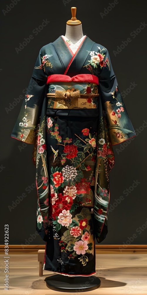 A kimono with a floral pattern and a red obi A kimono with a floral pattern and a red obi
